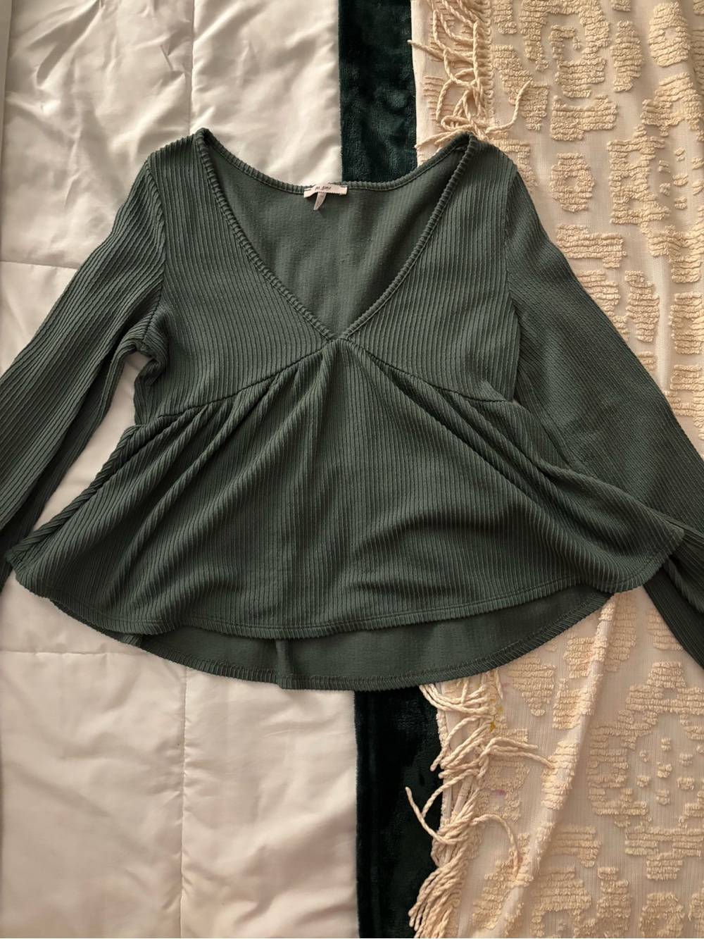 Francesca's Dark Olive Ribbed V-Neck Peplum Long Sleeve Top